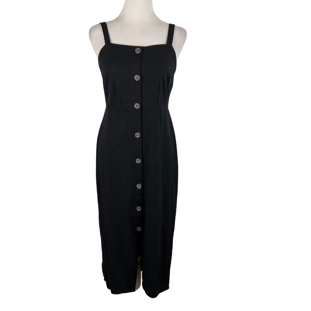 Black Linen Blend Button Front Midi Dress Small Smocked Back Adjustable Straps